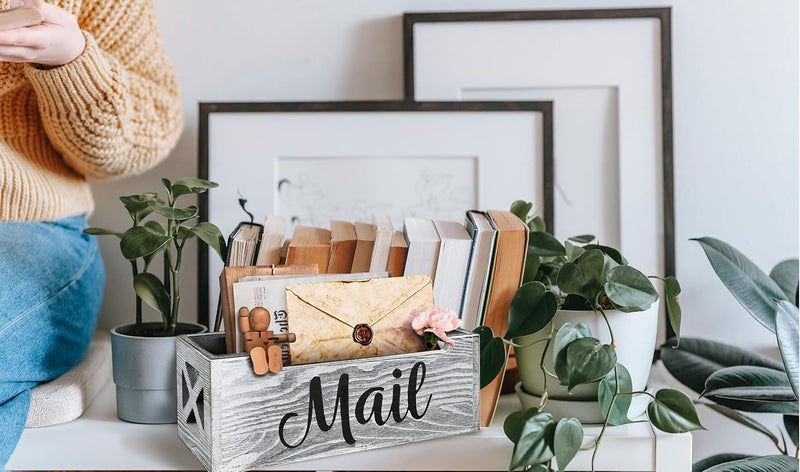BOTOP Mail Organizer Holder Countertop, Rustic Wood Mail Basket Storage Tray Letter Holder for Office Desk Wall Mount - Grey - Image 2